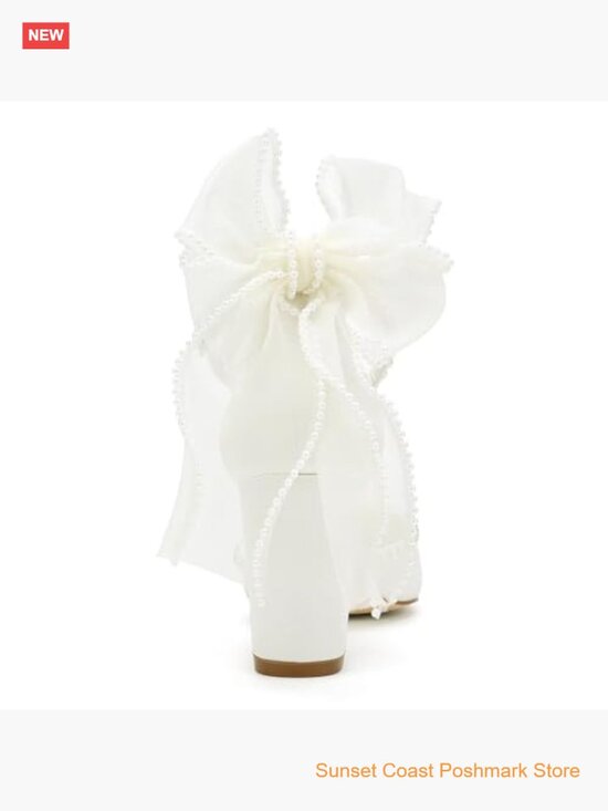 Ivory & White Satin Pointy Toe Low Block Heels Wedding Shoes  Block Heel Wedding Shoes Bow Heels Pointed Toe Pearl Bridal Shoes Satin